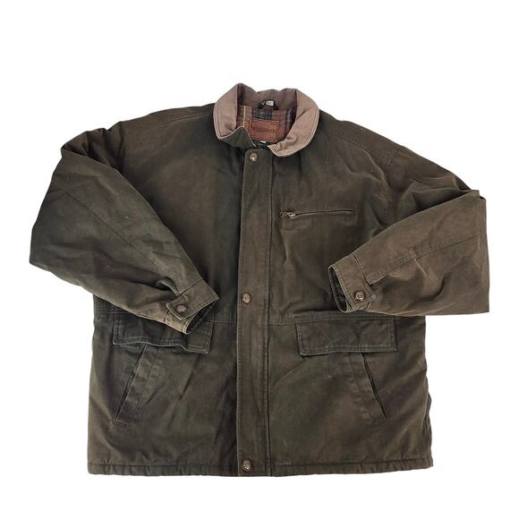 Vintage Woodsman Blanket Lined Canvas Flap Pockets Jacket Leather Collar Men XXL - Picture 1 of 10